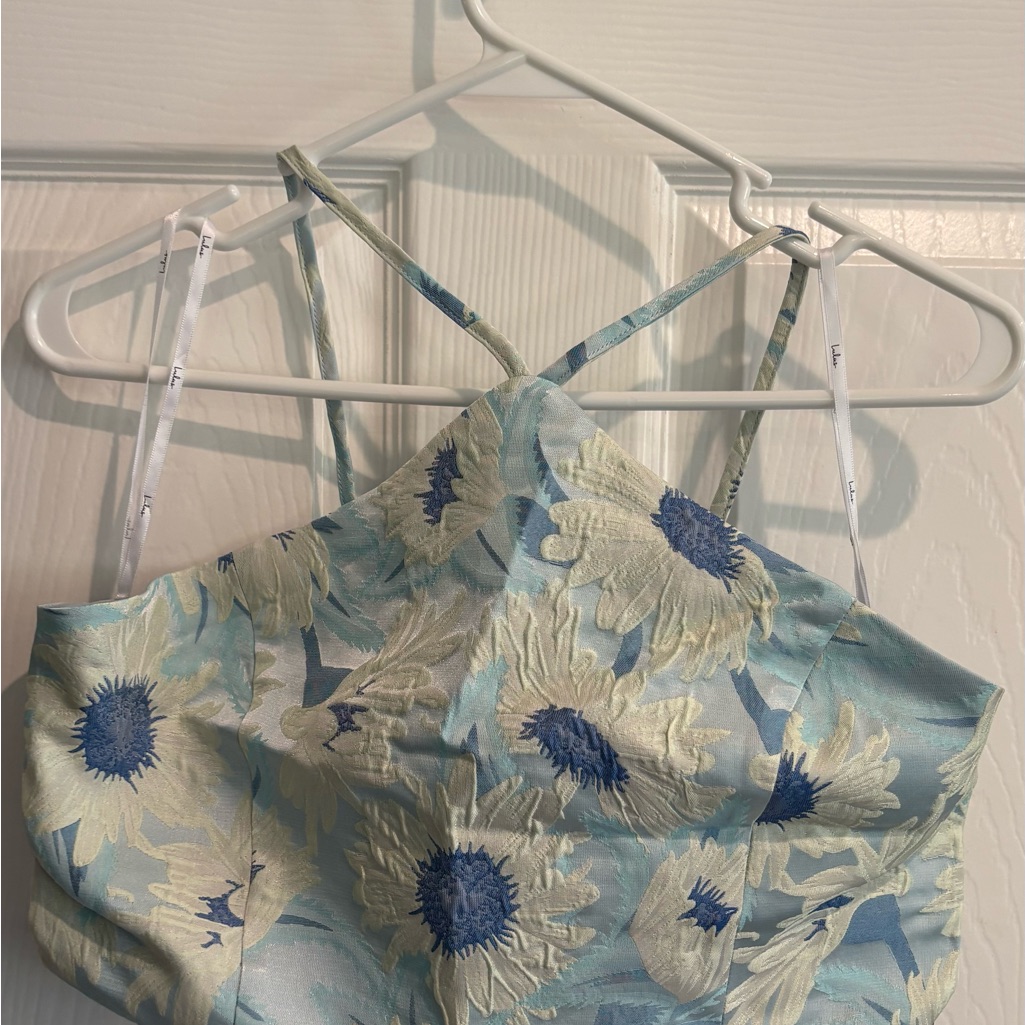 Lulu's Light Blue Floral Mini Top And Skirt Set With Cream & Blue Sunflowers